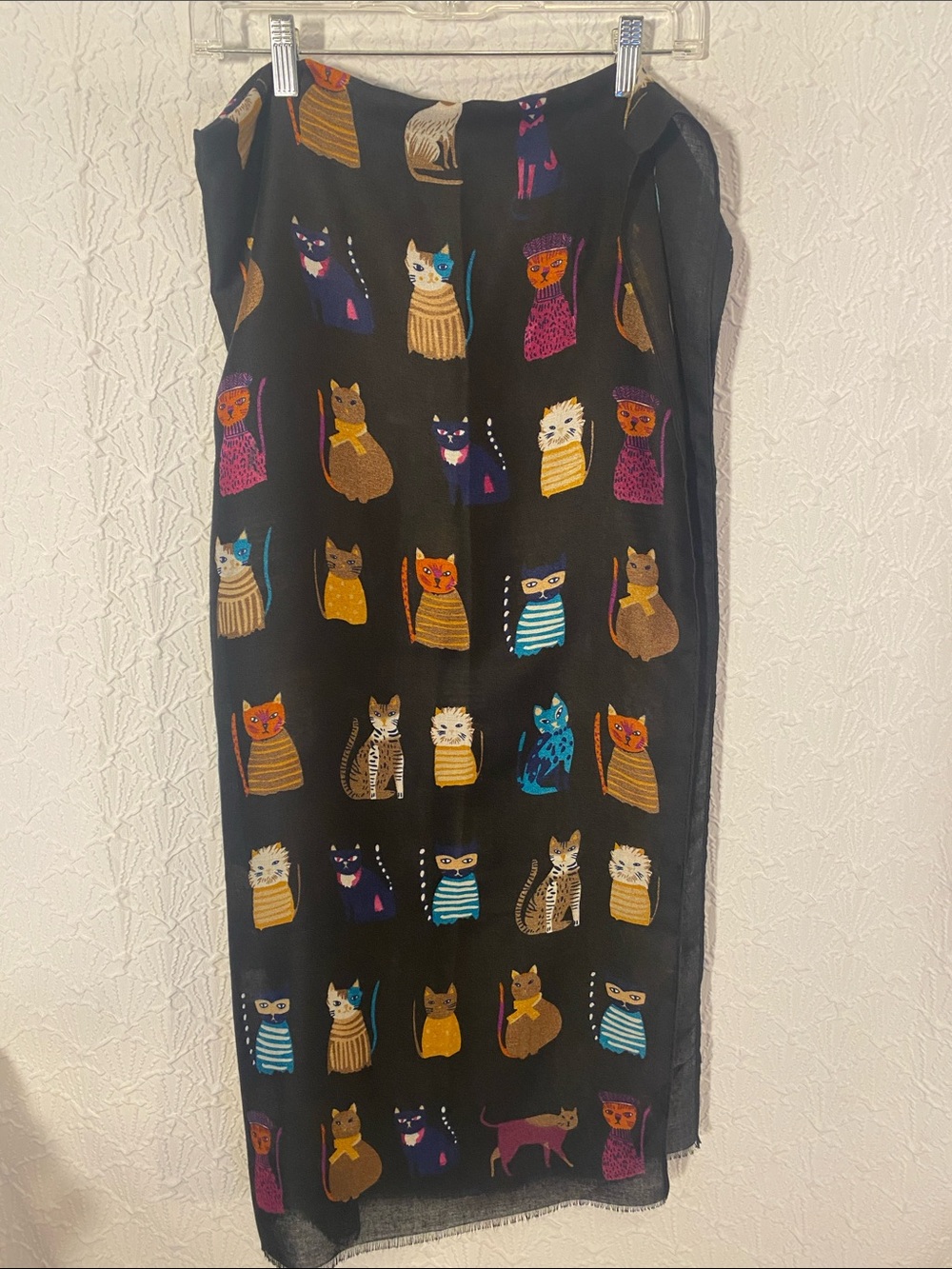 Joy Susan Black Scarf with Multicolor Cat Print